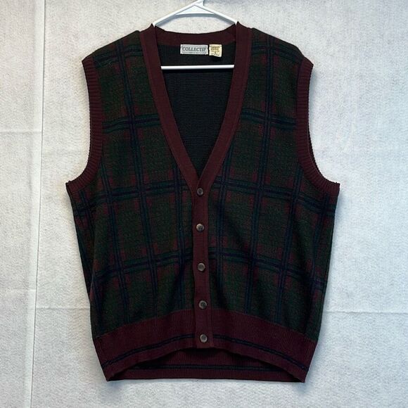 Vtg COLLECTIF Men’s Sweater Vest Wool Blend Button Front Plaid Burgundy Green L - Picture 2 of 11
